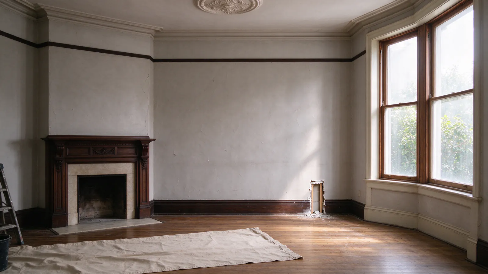 The tall front parlor of a San Francisco Victorian with a plaster ceiling medallion, a picture rail, a drop cloth on the floor and a small opening above the baseboard