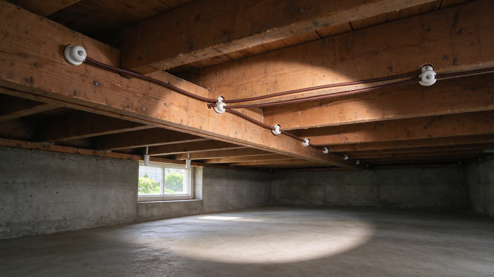 Two cloth-covered wires on porcelain knobs along a beam in a bright San Francisco basement