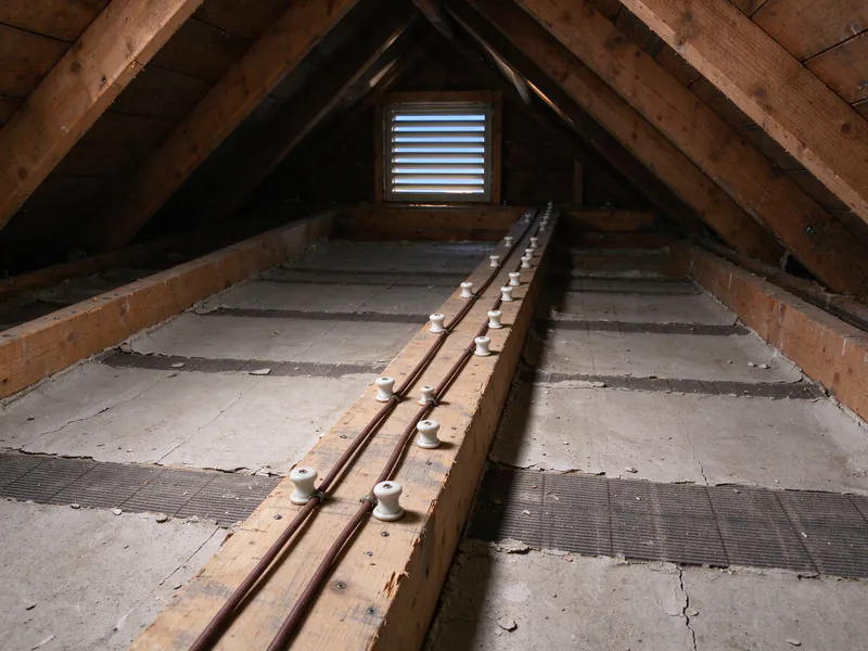 Two cloth-covered wires on porcelain knobs along a joist in the attic of a San Francisco Victorian