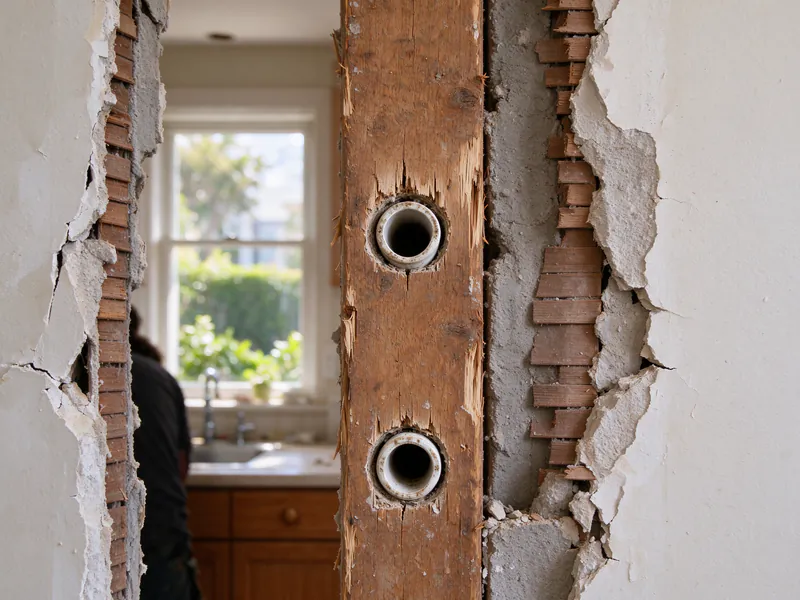 Two empty porcelain tubes still set in an old stud of an opened kitchen wall