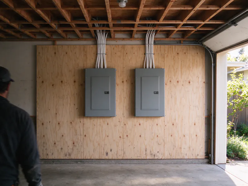Two new gray breaker panels side by side on a plywood garage wall of a two-unit building