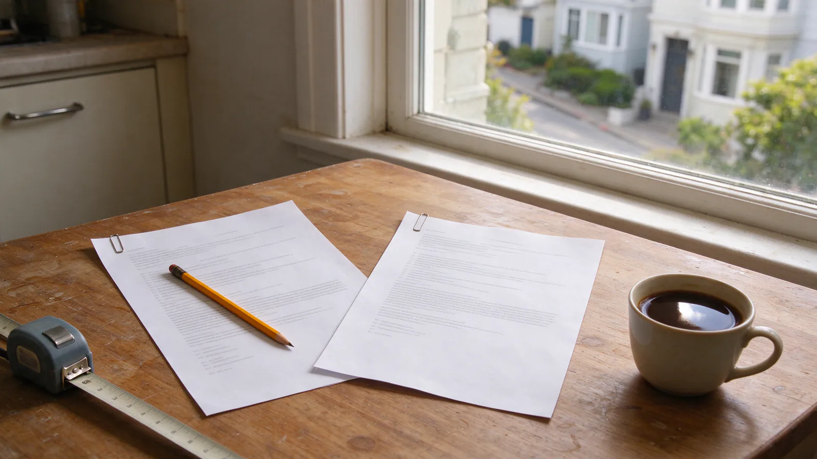 Two stapled printed quotes, a pencil and a tape measure on a kitchen table in an older San Francisco home