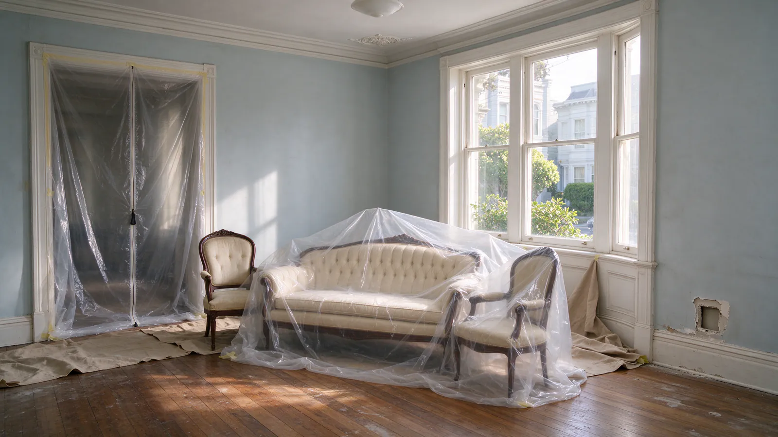 A Victorian parlor during rewiring with furniture under plastic, a taped dust barrier across the doorway and a small opening above the baseboard