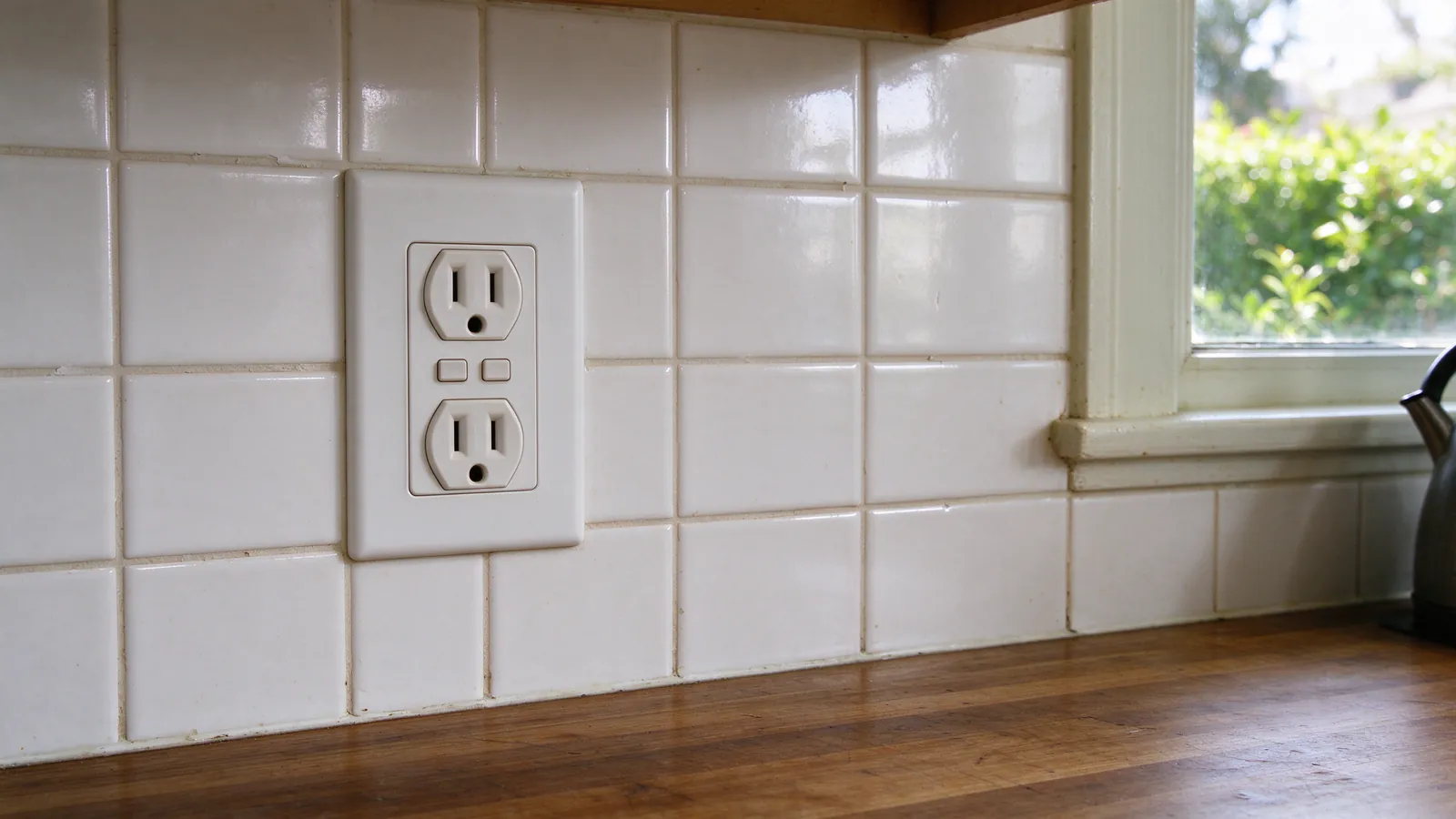A white GFCI receptacle with test and reset buttons in a tiled kitchen backsplash above a wood counter