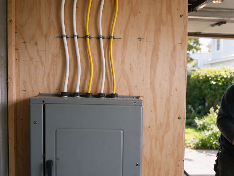 White and yellow cables entering the top of a new breaker panel through individual clamps